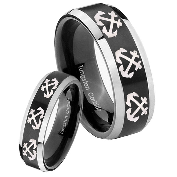 His Hers Multiple Anchor Beveled Brush Black 2 Tone Tungsten Men's Ring Set