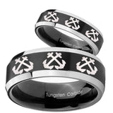 His Hers Multiple Anchor Beveled Brush Black 2 Tone Tungsten Men's Ring Set