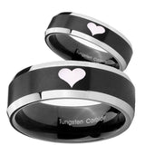 His Hers Heart Beveled Edges Brush Black 2 Tone Tungsten Mens Promise Ring Set