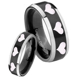 His Hers Multiple Heart Beveled Brush Black 2 Tone Tungsten Men Rings Set