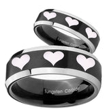 His Hers Multiple Heart Beveled Brush Black 2 Tone Tungsten Men Rings Set