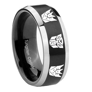 10mm Transformers Autobot Decepticon Beveled Brush Black 2 Tone Tungsten Men's Ring