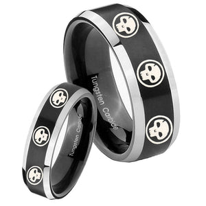 His Hers Multiple Skull Beveled Brush Black 2 Tone Tungsten Men's Bands Ring Set