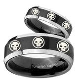 His Hers Multiple Skull Beveled Brush Black 2 Tone Tungsten Men's Bands Ring Set