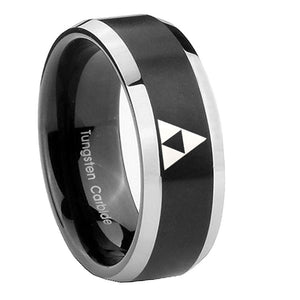 10mm Zelda Triforce Beveled Edges Brush Black 2 Tone Tungsten Mens Bands Ring