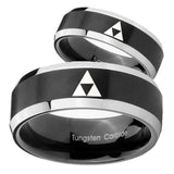 His Hers Zelda Triforce Beveled Brush Black 2 Tone Tungsten Engraved Ring Set