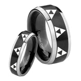 His Hers Multiple Zelda Triforce Beveled Brush Black 2 Tone Tungsten Rings for Men Set