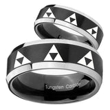 His Hers Multiple Zelda Triforce Beveled Brush Black 2 Tone Tungsten Rings for Men Set