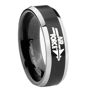 8MM Bevel Brush Black 2 Tone Air Force Tungsten Laser Engraved Ring