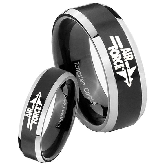 His Her Beveled Air Force Satin Black 2 Tone Tungsten Wedding Rings Set