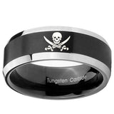 10mm Skull Pirate Beveled Edges Brush Black 2 Tone Tungsten Mens Wedding Band