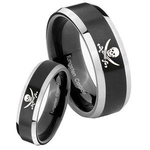 His Hers Skull Pirate Beveled Brush Black 2 Tone Tungsten Engraving Ring Set