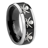 8mm Multiple Skull Pirate Beveled Brush Black 2 Tone Tungsten Mens Ring Engraved