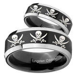 His Hers Multiple Skull Pirate Beveled Brush Black 2 Tone Tungsten Engagement Ring Set