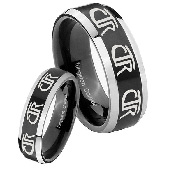 His Hers Multiple CTR Beveled Brush Black 2 Tone Tungsten Men's Wedding Ring Set