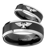 His Hers Aquila Beveled Edges Brush Black 2 Tone Tungsten Personalized Ring Set