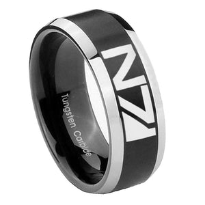 10mm N7 Design Beveled Brush Black 2 Tone Tungsten Mens Ring Engraved