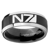 10mm N7 Design Beveled Brush Black 2 Tone Tungsten Mens Ring Engraved