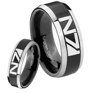 His Hers N7 Design Beveled Brush Black 2 Tone Tungsten Men's Ring Set