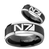 His Hers N7 Design Beveled Brush Black 2 Tone Tungsten Men's Ring Set