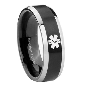 10mm Medical Alert Beveled Edges Brush Black 2 Tone Tungsten Mens Promise Ring