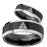 His Hers Masonic Triple Beveled Brush Black 2 Tone Tungsten Wedding Band Ring Set