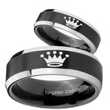 His Hers Crown Beveled Brush Black 2 Tone Tungsten Wedding Engraving Ring Set