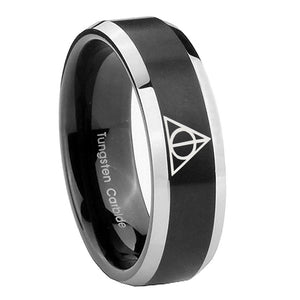 10mm Deathly Hallows Beveled Brush Black 2 Tone Tungsten Mens Wedding Ring