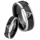 His Hers Deathly Hallows Beveled Edges Brush Black 2 Tone Tungsten Bands Ring Set