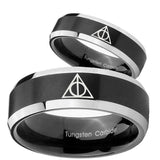 His Hers Deathly Hallows Beveled Edges Brush Black 2 Tone Tungsten Bands Ring Set