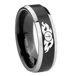 8mm Flamed Cross Beveled Brush Black 2 Tone Tungsten Wedding Engraving Ring