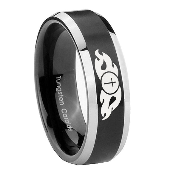 8mm Flamed Cross Beveled Brush Black 2 Tone Tungsten Wedding Engraving Ring