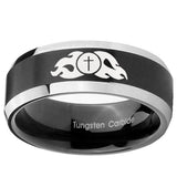 8mm Flamed Cross Beveled Brush Black 2 Tone Tungsten Wedding Engraving Ring