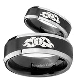 His Hers Flamed Cross Beveled Brush Black 2 Tone Tungsten Custom Mens Ring Set