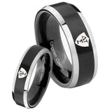 His Hers Greek CTR Beveled Edges Brush Black 2 Tone Tungsten Engagement Ring Set