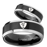 His Hers Greek CTR Beveled Edges Brush Black 2 Tone Tungsten Engagement Ring Set