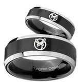 His Hers Honey Bee Beveled Edges Brush Black 2 Tone Tungsten Engraved Ring Set