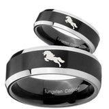 His Hers Horse Beveled Edges Brush Black 2 Tone Tungsten Men's Ring Set