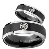 His Hers Angry Baseball Beveled Brush Black 2 Tone Tungsten Men's Band Ring Set