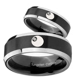 His Hers 8 Ball Beveled Edges Brush Black 2 Tone Tungsten Mens Bands Ring Set