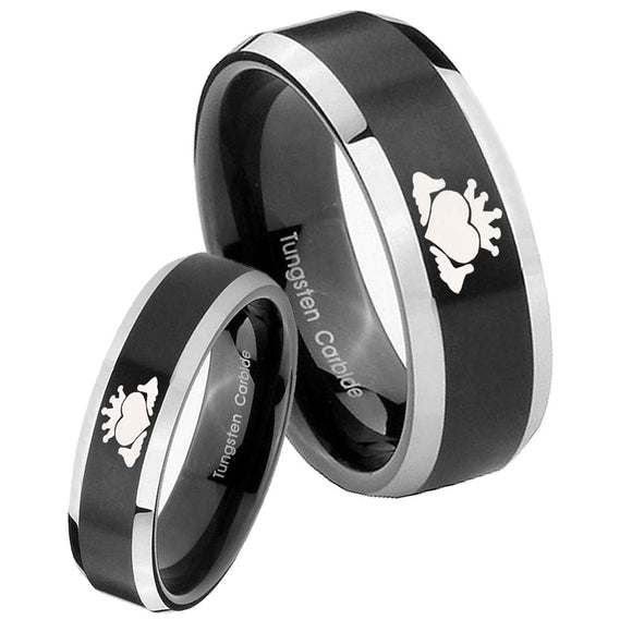 His Hers Claddagh Design Beveled Brush Black 2 Tone Tungsten Men's Ring Set