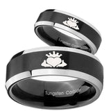 His Hers Claddagh Design Beveled Brush Black 2 Tone Tungsten Men's Ring Set