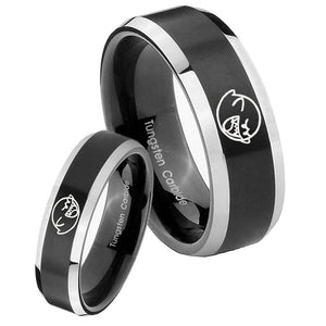 His Hers Mario Boo Ghost Beveled Edges Brush Black 2 Tone Tungsten Men's Ring Set