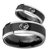 His Hers Mario Boo Ghost Beveled Edges Brush Black 2 Tone Tungsten Men's Ring Set