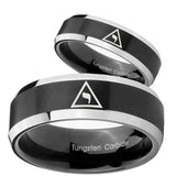 His Hers Masonic Yod Beveled Brush Black 2 Tone Tungsten Mens Ring Set