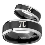 His Hers Math Pi Beveled Edges Brush Black 2 Tone Tungsten Mens Wedding Band Set