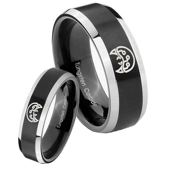 His Hers Metroid Beveled Edges Brush Black 2 Tone Tungsten Mens Wedding Ring Set