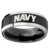 8mm Navy Beveled Edges Brush Black 2 Tone Tungsten Carbide Mens Wedding Ring
