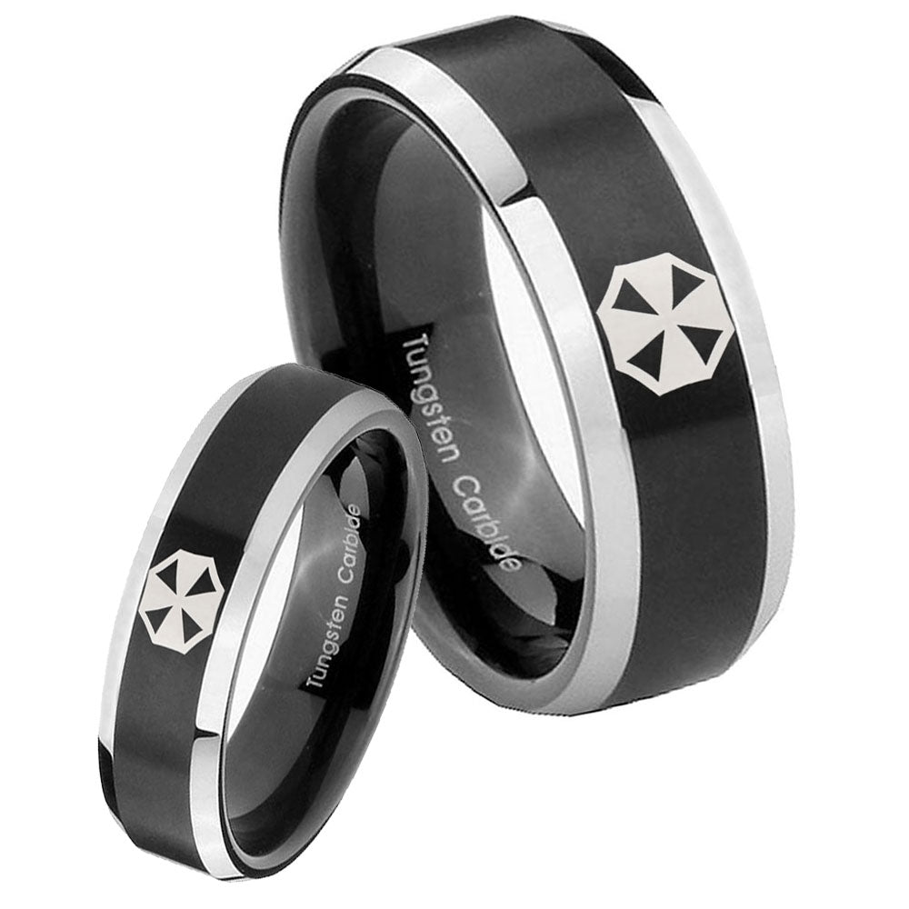 His Hers Resident Evil Beveled Brush Black 2 Tone Tungsten Wedding