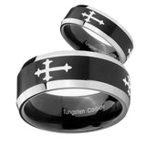 His Hers Christian Cross Religious Beveled Brush Black 2 Tone Tungsten Men's Ring Set